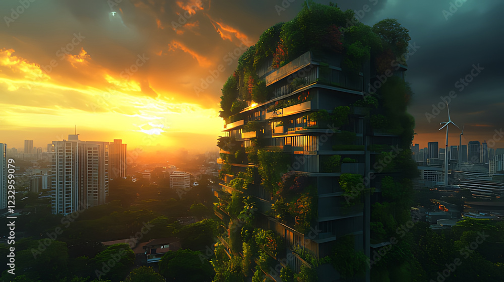 Obraz premium Green urban skyscraper sunset cityscape sustainability