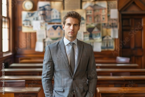 photo of a real estate lawyer standing confidently in a courtroom, background with images of foreclosed houses and legal documents, symbolizing expertise in house foreclosure law. photo