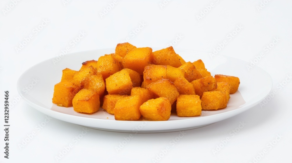 A simple serving of roasted butternut squash cubes, lightly seasoned and arranged on a plain white ceramic plate, Butternut squash cubes centered A simple serving of roasted butternut squash cubes, lightly seasoned and arranged on a plain white ceramic plate, Butternut squash cubes centered