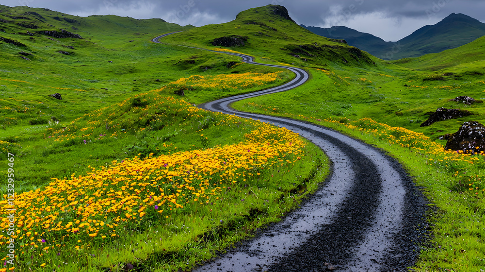 Naklejka premium Winding road through green hills, wildflowers, cloudy sky. Travel photography