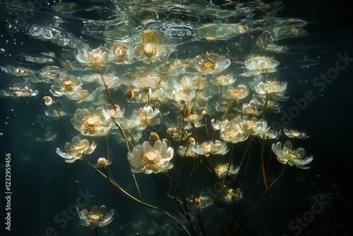 Underwater flowers illuminated by soft sunlight create a tranquil aquatic atm...