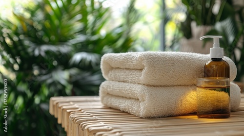 Relaxing spa setup with towels and essential oil in a serene indoor garden