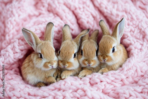 Group of adorable baby rabbits cuddling on a soft pink blanket in a cozy indo...