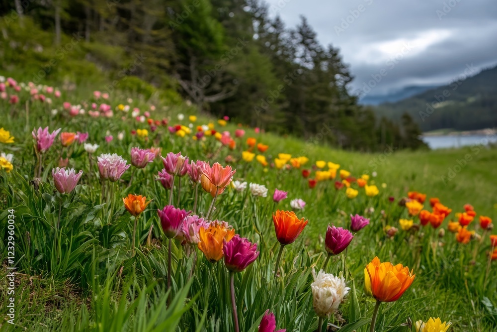 Colorful bouquet of various flowers arranged on green grass in a natural setting Colorful bouquet of various flowers arranged on green grass in a natural setting