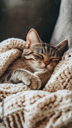 Cozy tabby cat peacefully sleeping under a warm blanket in a comfortable livi...