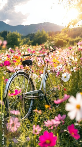 Bright blue bicycle parked in a colorful wildflower field during sunset