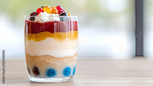 Layered berry dessert in glass, cafe setting photo