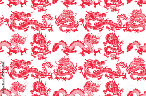 Chinese traditional red dragon and peony pattern. Chinese dragon seamless pattern. Seamless pattern for textile and decoration. Cartoon Vector illustration. Chinese traditional red dragon background.