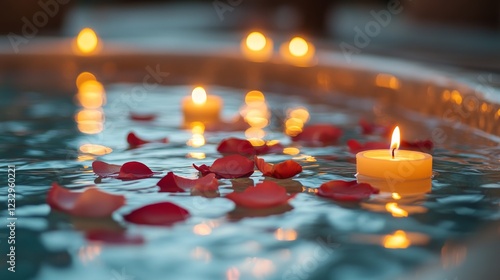 Relaxing evening with candles and rose petals in a hot tub during sunset