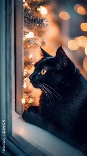 Black cat gazing out of a window in a cozy indoor setting during a rainy day