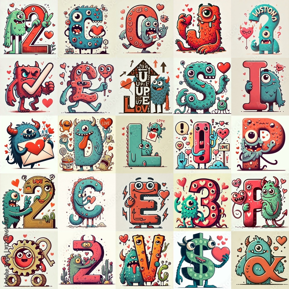 Obraz premium Love monsters Lettering Typeface. AI generated illustration