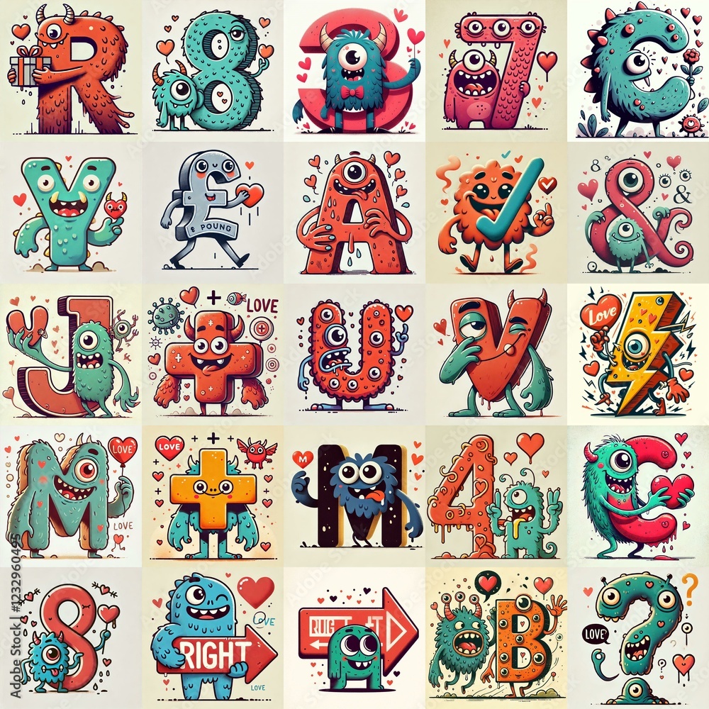 Obraz premium Love monsters Lettering Typeface. AI generated illustration