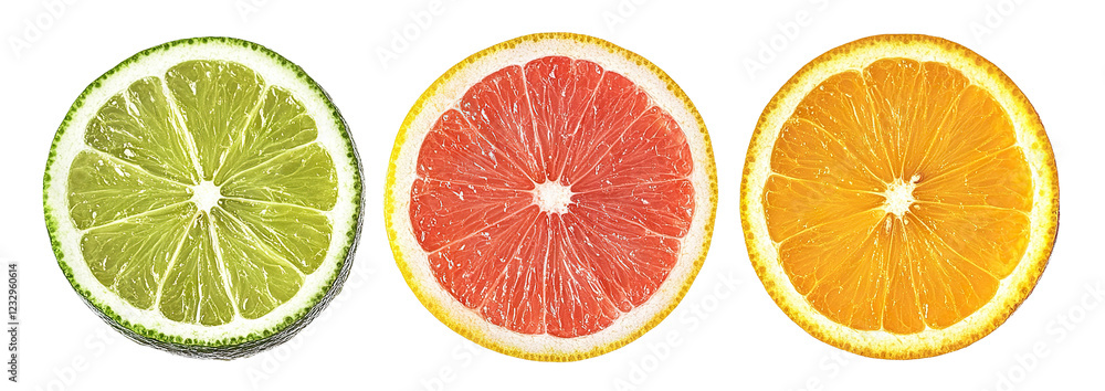 Obraz premium Set of three round citrus slices (lime, grapefruit, orange), isolated on transparent cutout background