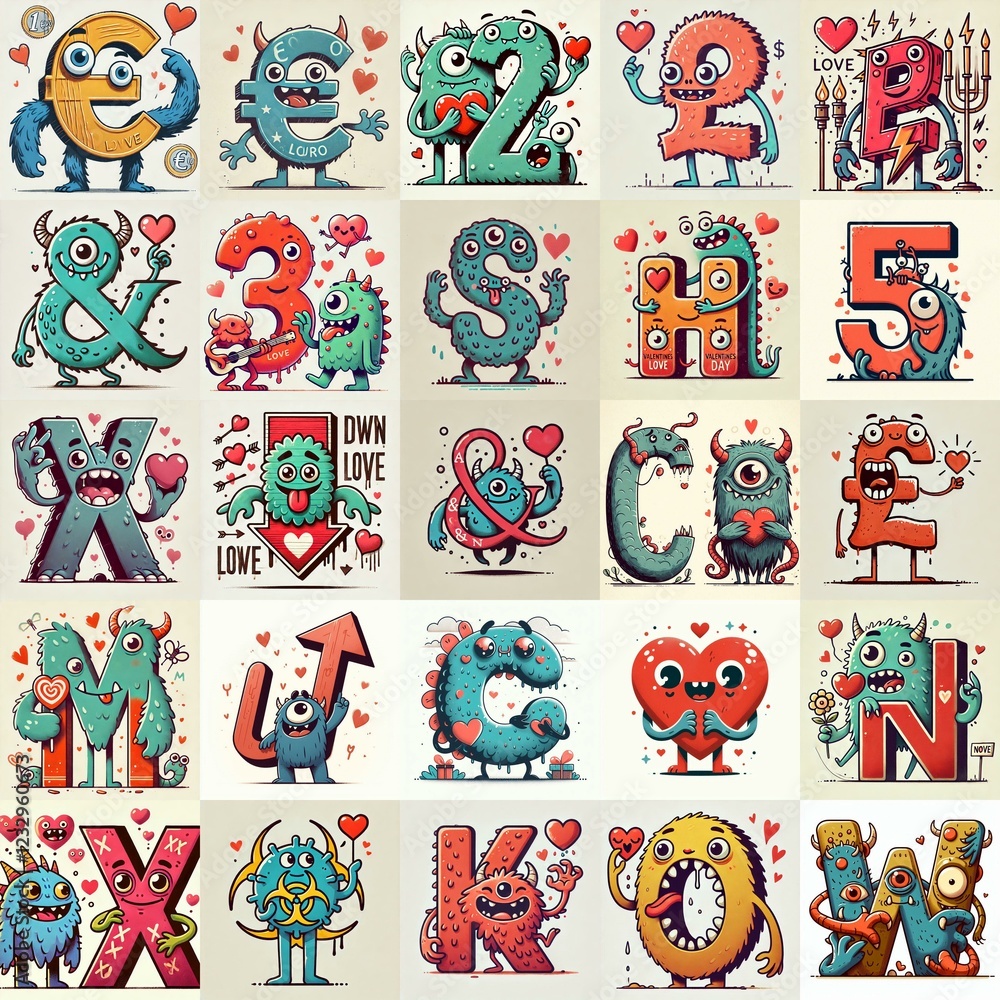 Obraz premium Love monsters Lettering Typeface. AI generated illustration