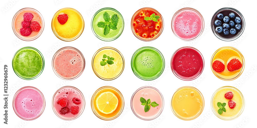 Set of colorful fresh fruit smoothies in glasses, top view, isolated on transparent cutout background Set of colorful fresh fruit smoothies in glasses, top view, isolated on transparent cutout background