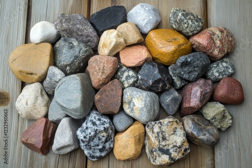 Collection of colorful rocks arranged on a wooden surface showcases natural textures and diversity photo