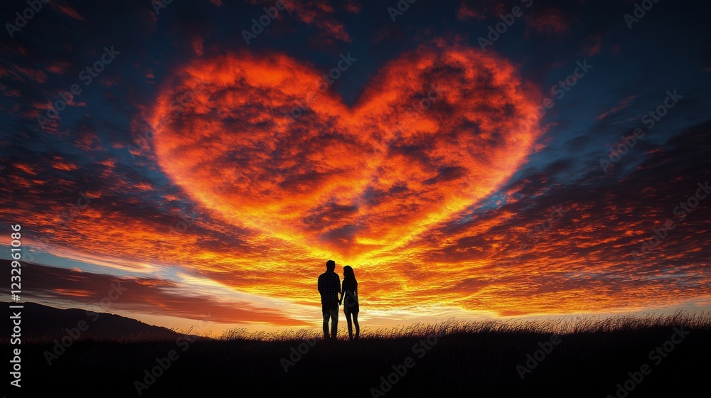 Fototapeta premium Romantic sunset silhouettes with heart-shaped clouds at a serene landscape