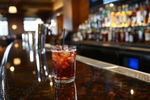 Glasses of water sit on a sleek bar counter in a modern establishment during ...