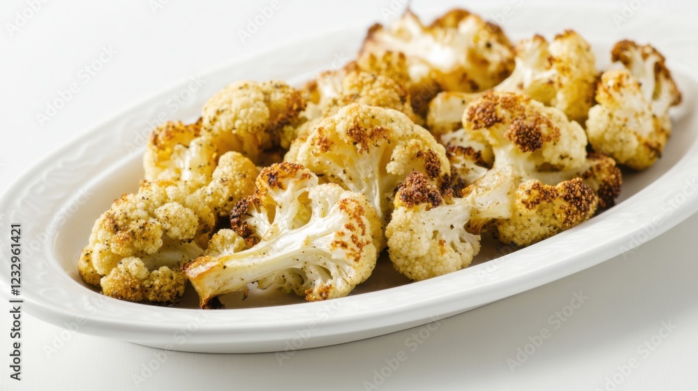 A simple serving of roasted cauliflower florets, lightly seasoned and arranged on a minimalist white ceramic plate, Cauliflower centered A simple serving of roasted cauliflower florets, lightly seasoned and arranged on a minimalist white ceramic plate, Cauliflower centered