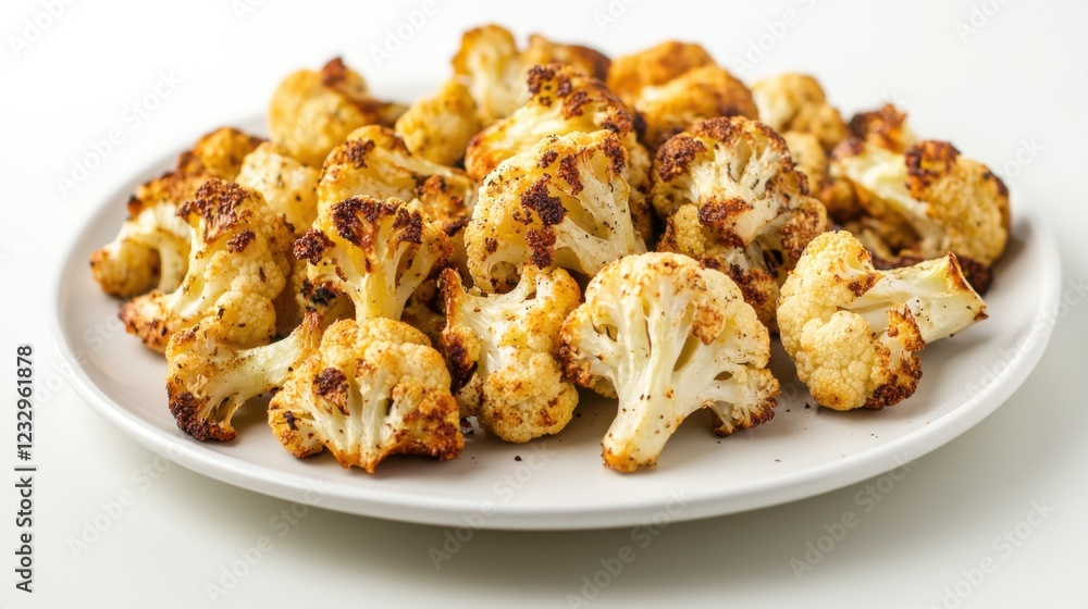 A simple serving of roasted cauliflower florets, lightly seasoned and arranged on a minimalist white ceramic plate, Cauliflower centered A simple serving of roasted cauliflower florets, lightly seasoned and arranged on a minimalist white ceramic plate, Cauliflower centered