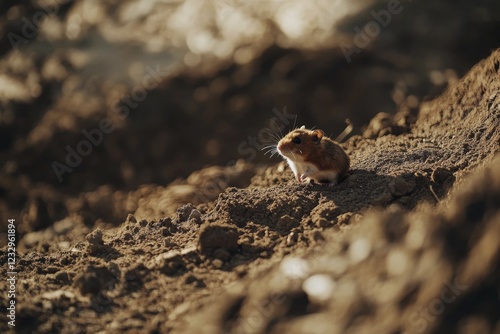 Small brown rodent exploring the earth in a natural habitat during daylight h...