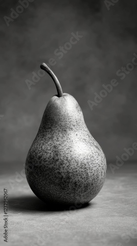 Ripened pear with speckled skin placed on a dark surface with soft lighting