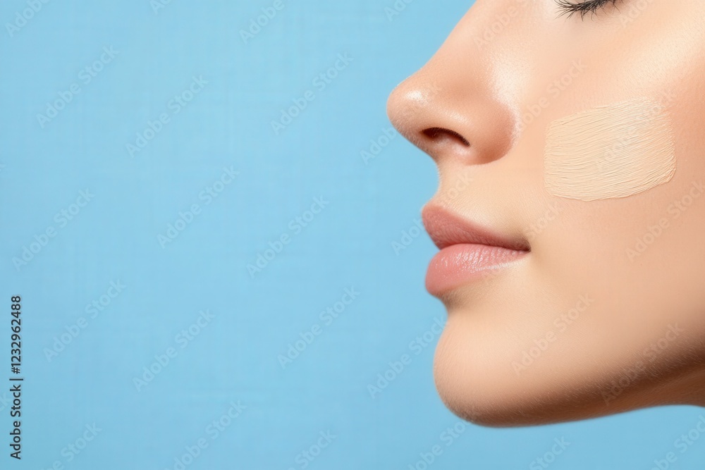 woman testing foundation on her cheek woman testing foundation on her cheek
