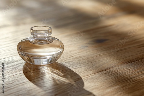 Elegant glass container reflecting light on wooden surface in serene setting