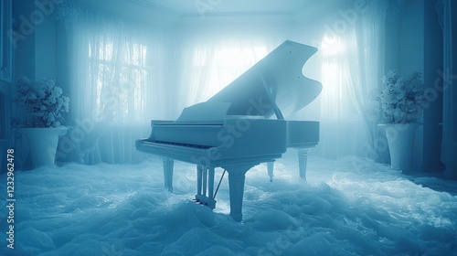 White grand piano in snowy room, winter scene, music photo