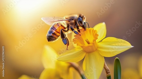 Busy bee collecting nectar from a bright yellow daffodil in a vibrant spring ...