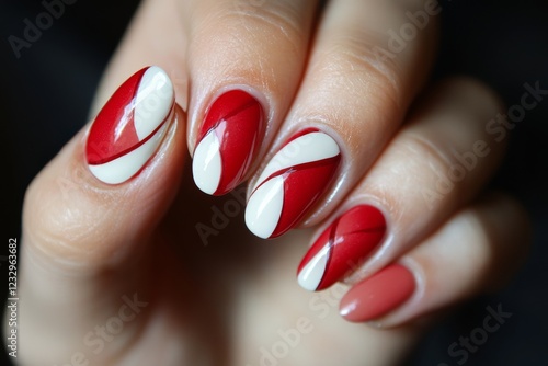 Elegant red and white swirl manicure showcasing creative nail art design for ...