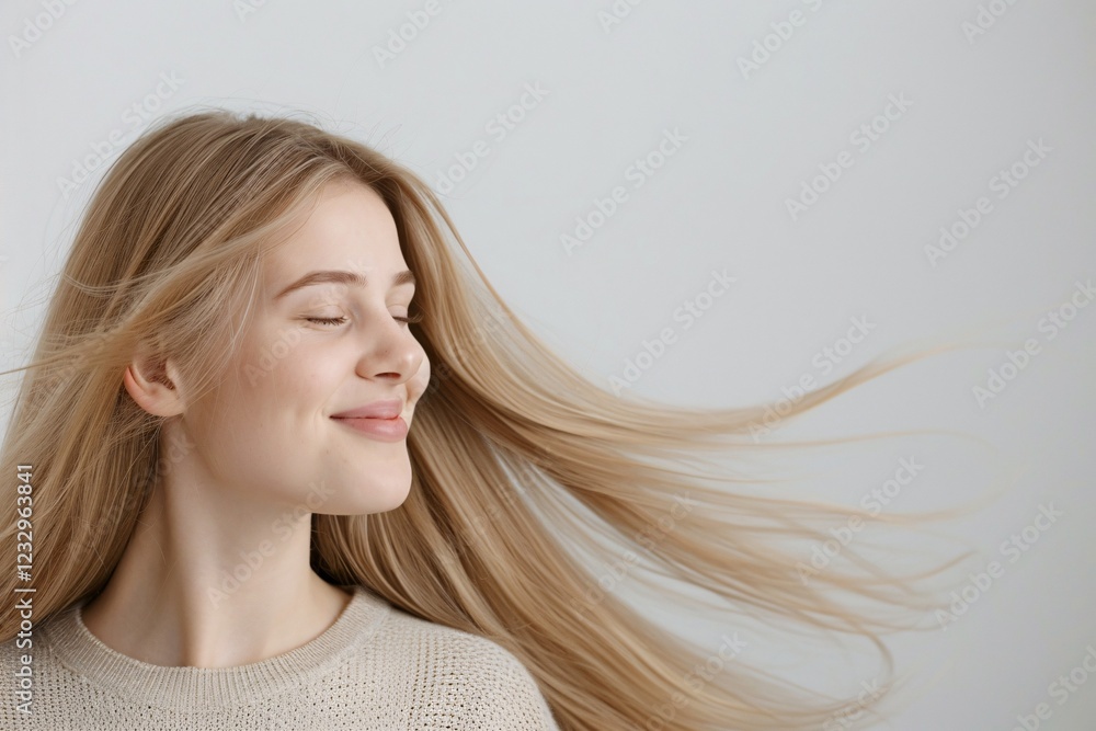 Fototapeta premium Blonde-haired woman with long flowing hair, glowing skin and natural makeup, smiling beauty portrait, side profile, isolated on neutral background, serene and radiant look, minimalistic style.