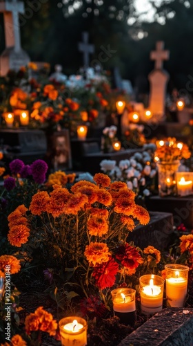 Beautiful arrangement of orange flowers and candles at a grave during evening...