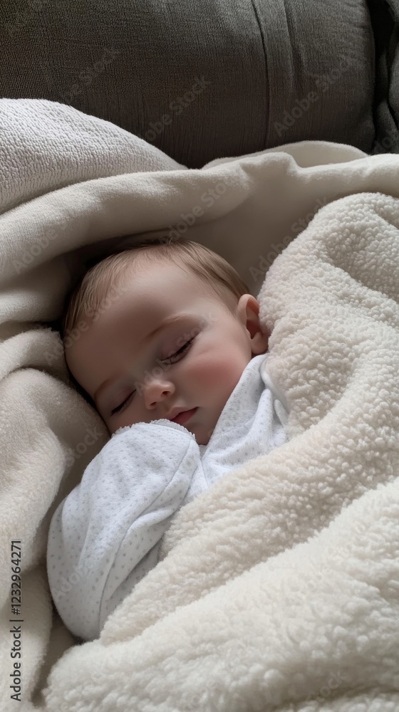 Baby sleeping peacefully in a cozy blanket on a soft couch during the afternoon hours Baby sleeping peacefully in a cozy blanket on a soft couch during the afternoon hours