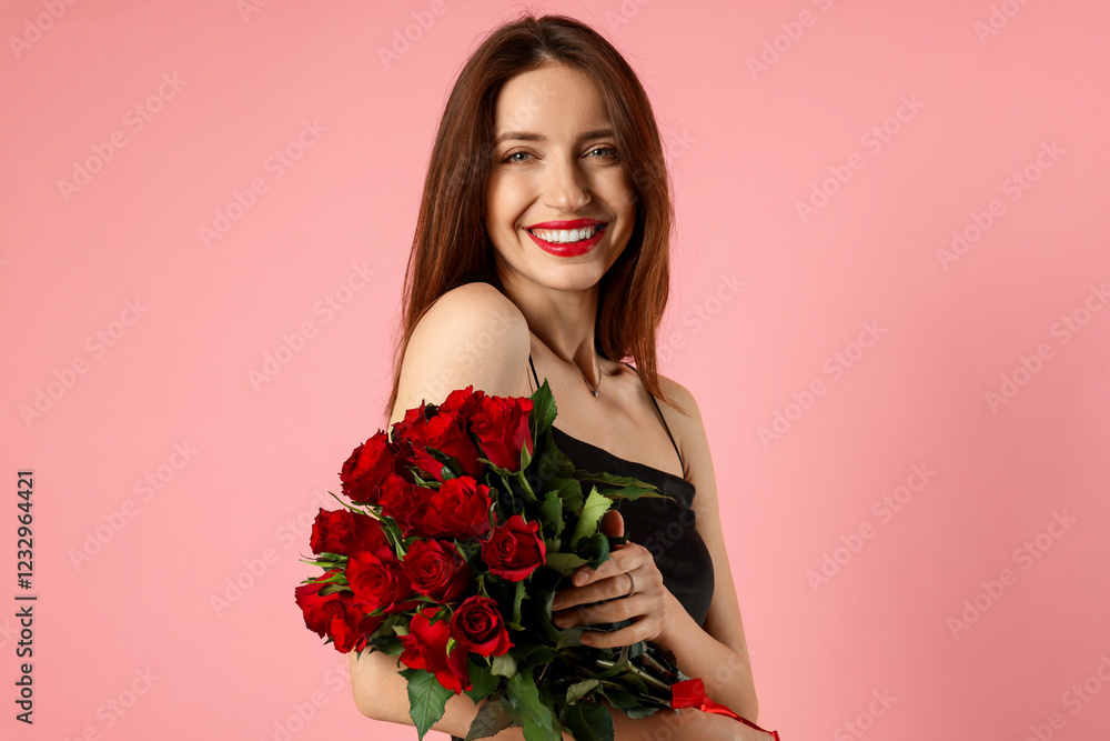 Happy Valentine's Day. Beautiful woman with bouquet of roses on pink background Happy Valentine's Day. Beautiful woman with bouquet of roses on pink background