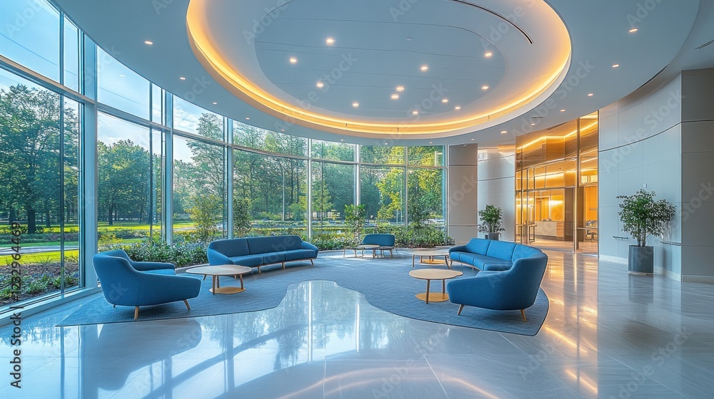 Fototapeta premium Modern lobby with blue sofas, circular ceiling, and large windows overlooking a park.