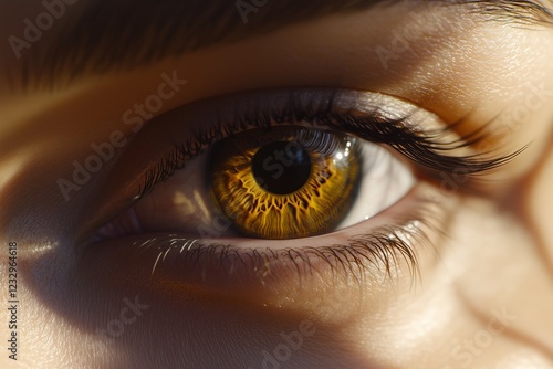 Detailed close-up of a womana??s warm hazel eye, with fine lines and detailed patterns in the iris, captured in photo