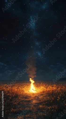 Campfire burning brightly in a field under a starry night sky