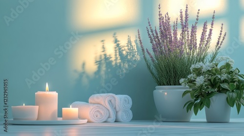 Cozy bedroom setting with fresh lavender and soft towels in natural light