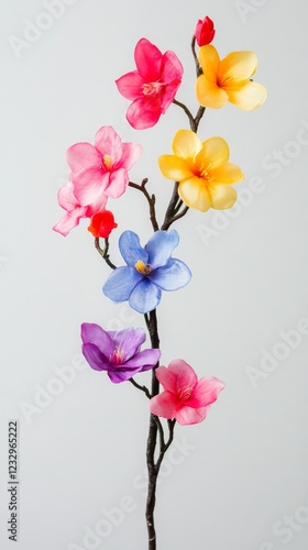 Colorful artificial flowers arranged on a decorative branch against a neutral...