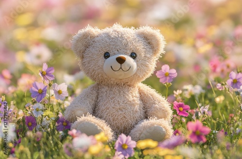 Soft teddy bear resting among colorful flowers in a vibrant meadow during sun...