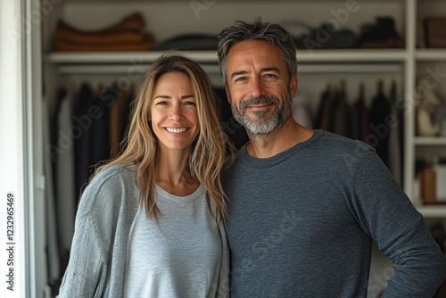 Middle aged couple in wardrobe room with clothes and accessories