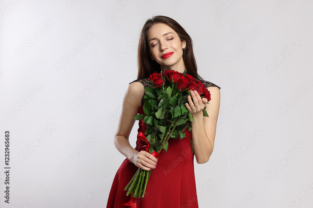 Happy Valentine's Day. Beautiful woman with bouquet of roses on white background Happy Valentine's Day. Beautiful woman with bouquet of roses on white background