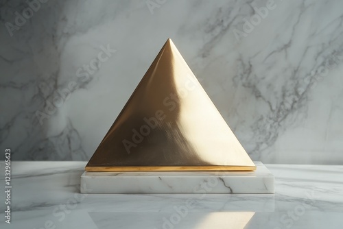 Golden pyramid sculpture on a marble surface reflecting modern design and ele...