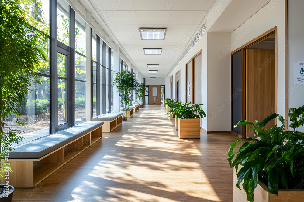 Spacious modern nursing home hallway with wooden floors, large windows, and comfortable benches Spacious modern nursing home hallway with wooden floors, large windows, and comfortable benches