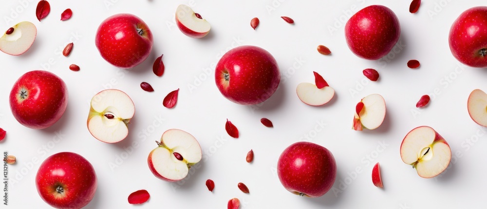 fresh red apples, whole, halves, and slices, scattered on a white background fresh red apples, whole, halves, and slices, scattered on a white background