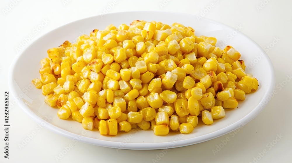 A simple serving of roasted sweet corn kernels, lightly seasoned and arranged on a plain white ceramic plate, Sweet corn kernels centered A simple serving of roasted sweet corn kernels, lightly seasoned and arranged on a plain white ceramic plate, Sweet corn kernels centered