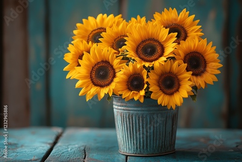 Bright sunflowers in a rustic can against a teal wooden background