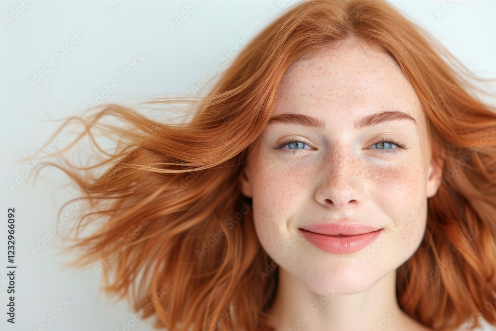 Red-haired woman with radiant smile, wavy hair blowing, freckles and natural makeup, close-up portrait, isolated on white background, youthful and vibrant beauty, minimalist concept.
Red-haired woman with radiant smile, wavy hair blowing, freckles and natural makeup, close-up portrait, isolated on white background, youthful and vibrant beauty, minimalist concept.