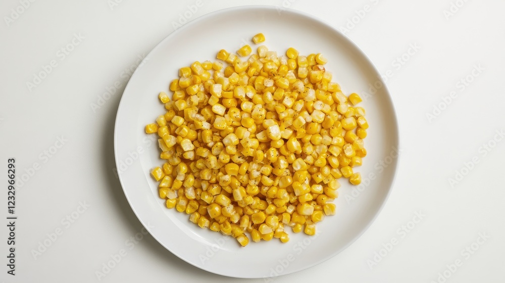 A simple serving of roasted sweet corn kernels, lightly seasoned and arranged on a plain white ceramic plate, Sweet corn kernels centered A simple serving of roasted sweet corn kernels, lightly seasoned and arranged on a plain white ceramic plate, Sweet corn kernels centered